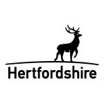 Hertfordshire County Council logo featuring a silhouette of a stag standing on a curved line above the text 'Hertfordshire.