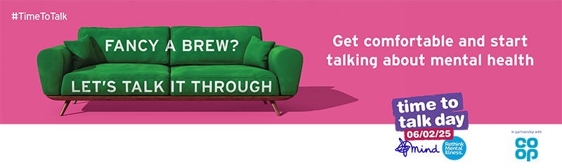 Time to Talk Day 2025 banner with a bright pink background featuring a green sofa. Text on the sofa reads 'Fancy a brew? Let's talk it through.' To the right, text says 'Get comfortable and start talking about mental health.' The logos for Time to Talk Day, Mind, Rethink Mental Illness, and Co-op are displayed, along with the event date 06/02/25 and the hashtag #TimeToTalk.